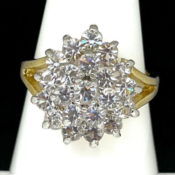 Vintage Ring Size 5 Cubic Zirconia Cluster Ring 14K Gold Plate Mid-Century 14G - Picture 10 of 11